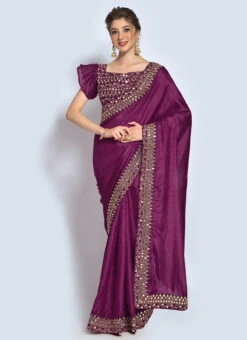 Wine Vichitra Silk Embroidered Saree Party Wear -Deals Chic Lehenga Store wine vichitra silk embroidered saree sasprt15670 u