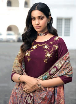 Wine Viscose Masleen Embroidered N Sequins Anarkali Suit Party Wear -Deals Chic Lehenga Store wine viscose masleen embroidered n sequins anarkali suit slsnfm11001 b