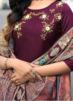 Wine Viscose Masleen Embroidered N Sequins Anarkali Suit Party Wear