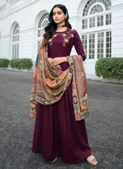 Wine Viscose Masleen Embroidered N Sequins Anarkali Suit Party Wear -Deals Chic Lehenga Store wine viscose masleen embroidered n sequins anarkali suit slsnfm11001 u