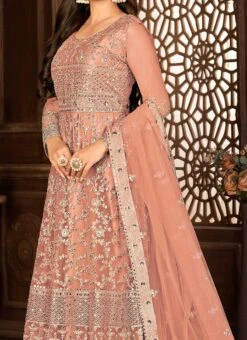 Women Peach Embroidered Net Anarkali With Dupatta Party Wear