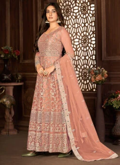 Women Peach Embroidered Net Anarkali With Dupatta Party Wear -Deals Chic Lehenga Store women peach embroidered net anarkali with dupatta slsdi8397p u