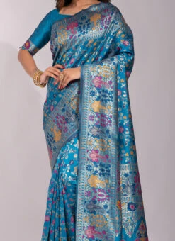 Woven Work Teal Blue Color Banarasi Silk Saree Festive Wear