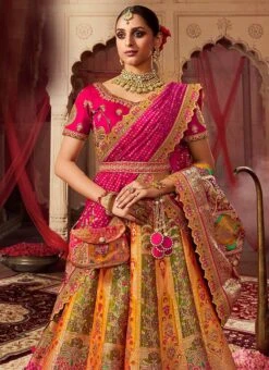 Yellow Art Silk Banarasi Stone Work Umbrella Lehenga Wedding Wear -Deals Chic Lehenga Store yellow art silk banarasi stone work umbrella lehenga ghmkns10255 b