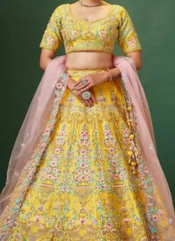 Yellow Color Pure Silk Embroidered And Zari Work Umbrella Lehenga Wedding Wear