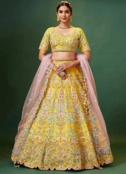 Yellow Color Pure Silk Embroidered And Zari Work Umbrella Lehenga Wedding Wear -Deals Chic Lehenga Store yellow color pure silk embroidered and zari work umbrella lehenga ghmkns460 u