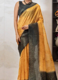 Yellow Color Soft Jute Printed Saree Party Wear