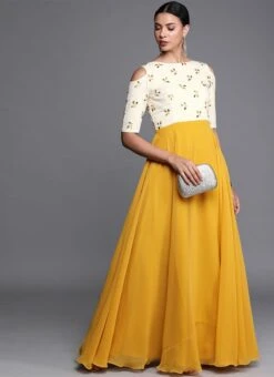 Yellow Embroidered Boat Neckline Gown Festive Wear -Deals Chic Lehenga Store yellow embroidered boat neckline gown IWBS01910299 u