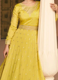 Yellow Embroidery Sequins Silk Anarkali Festive Wear