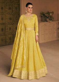 Yellow Embroidery Sequins Silk Anarkali Festive Wear -Deals Chic Lehenga Store yellow embroidery sequins silk anarkali slska45279638 u