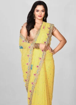 Yellow Georgette Hand Work Designer Saree Festive Wear -Deals Chic Lehenga Store yellow georgette hand work designer saree sadsf4266 b