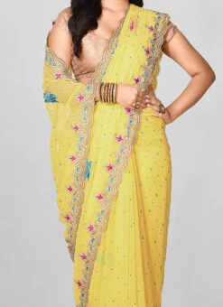 Yellow Georgette Hand Work Designer Saree Festive Wear