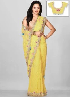 Yellow Georgette Hand Work Designer Saree Festive Wear -Deals Chic Lehenga Store yellow georgette hand work designer saree sadsf4266 u