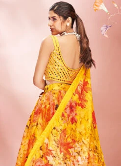 Yellow N Orange Organza Floral Printed Umbrella Lehenga Party Wear -Deals Chic Lehenga Store yellow n orange organza floral printed umbrella lehenga ghsak431413003 b