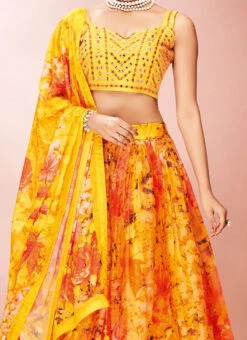 Yellow N Orange Organza Floral Printed Umbrella Lehenga Party Wear