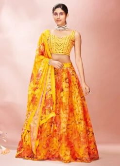 Yellow N Orange Organza Floral Printed Umbrella Lehenga Party Wear -Deals Chic Lehenga Store yellow n orange organza floral printed umbrella lehenga ghsak431413003 u