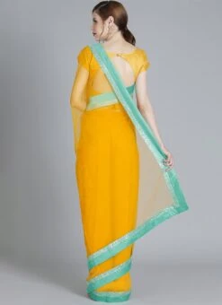 Yellow N Turquoise Contrast Half N Half Saree Festive Wear -Deals Chic Lehenga Store yellow n turquoise contrast half n half saree SABS01910284 b