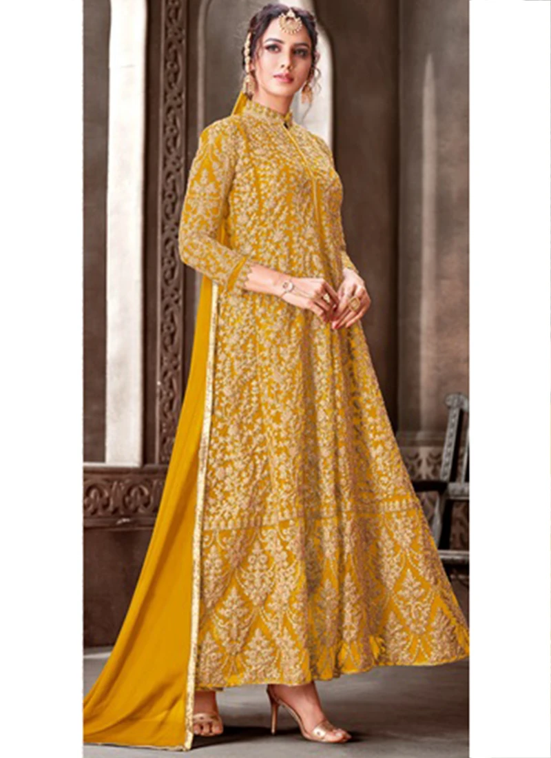 Yellow Net Embroidered N Sequins Anarkali Suit Party Wear 3 Yellow Net Embroidered N Sequins Anarkali Suit Party Wear - Image 3