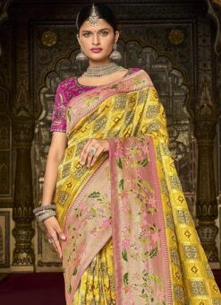 Yellow Silk Zari Work Saree Wedding Wear -Deals Chic Lehenga Store yellow silk zari work saree samkns9516402 b