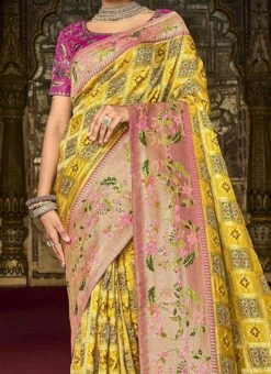 Yellow Silk Zari Work Saree Wedding Wear