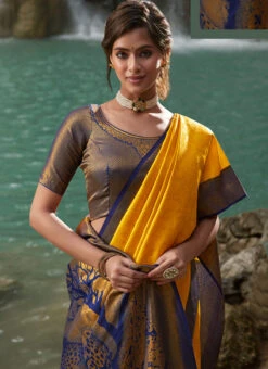 Yellow Soft Kanchipuram Silk Weaving Saree Festive Wear -Deals Chic Lehenga Store yellow soft kanchipuram silk weaving saree saspl4002 b