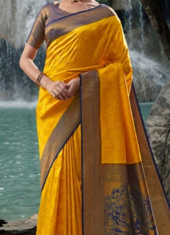 Yellow Soft Kanchipuram Silk Weaving Saree Festive Wear