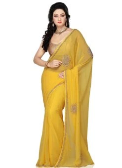 Yellow Stones Embellished Georgette Saree Wedding Wear -Deals Chic Lehenga Store yellow stones embellished georgette saree sadsfcns2179 u