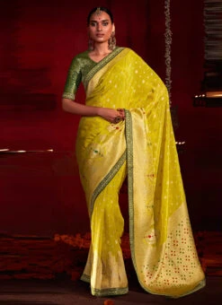 Yellow Zari Woven Banarasi Silk Saree Festive Wear Party Wear -Deals Chic Lehenga Store yellow zari woven banarasi silk saree saska3690135 u