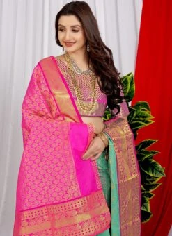 Zari Weaving Aqua Blue Color Litchi Silk Saree Festive Wear -Deals Chic Lehenga Store zari weaving aqua blue color litchi silk saree sasom110674 b