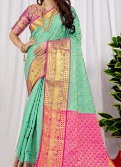 Zari Weaving Aqua Blue Color Litchi Silk Saree Festive Wear