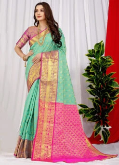 Zari Weaving Aqua Blue Color Litchi Silk Saree Festive Wear -Deals Chic Lehenga Store zari weaving aqua blue color litchi silk saree sasom110674 u