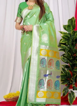 Zari Weaving Work Soft Litchi Silk Green Color Saree Festive Wear
