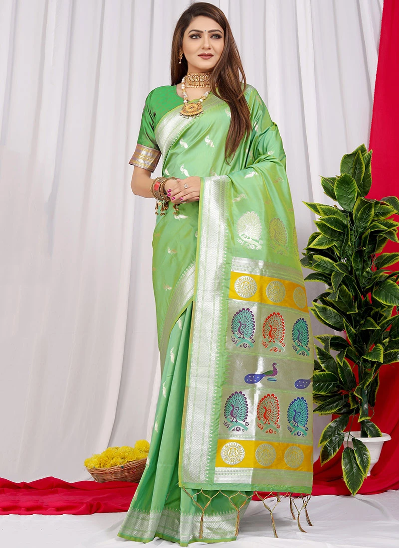 Zari Weaving Work Soft Litchi Silk Green Color Saree Festive Wear 3 Zari Weaving Work Soft Litchi Silk Green Color Saree Festive Wear - Image 3