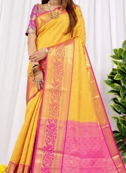 Zari Weaving Work Yellow Color Litchi Silk Saree Party Wear