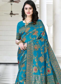 Zari Work And Meenakari Work Light Blue Color Litchi Silk Saree Festive Wear -Deals Chic Lehenga Store zari work and meenakari work light blue color litchi silk saree samasi03 b