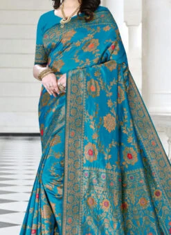 Zari Work And Meenakari Work Light Blue Color Litchi Silk Saree Festive Wear