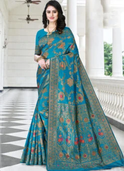 Zari Work And Meenakari Work Light Blue Color Litchi Silk Saree Festive Wear -Deals Chic Lehenga Store zari work and meenakari work light blue color litchi silk saree samasi03 u