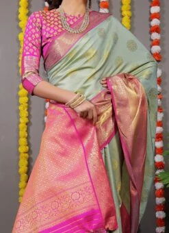 Zari Work Pista Green Color Patola Silk Saree Festive Wear