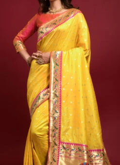 Zari Work Yellow Color Banarasi Silk Saree Festive Wear