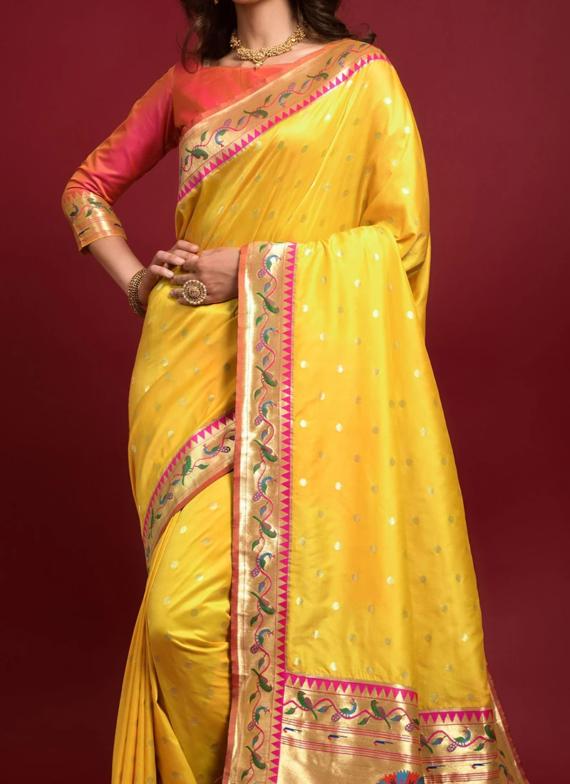 Zari Work Yellow Color Banarasi Silk Saree Festive Wear 1 Zari Work Yellow Color Banarasi Silk Saree Festive Wear