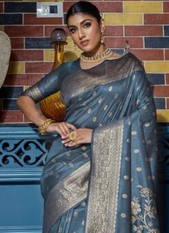 Zari Woven Work Banarasi Raw Silk Grey Color Saree Festive Wear -Deals Chic Lehenga Store zari woven work banarasi raw silk grey color saree sasacw4220 b