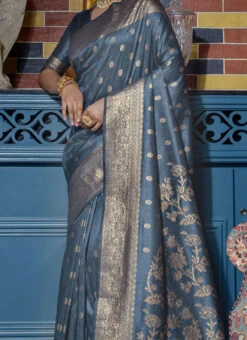 Zari Woven Work Banarasi Raw Silk Grey Color Saree Festive Wear