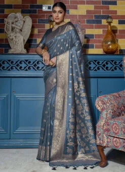 Zari Woven Work Banarasi Raw Silk Grey Color Saree Festive Wear -Deals Chic Lehenga Store zari woven work banarasi raw silk grey color saree sasacw4220 u