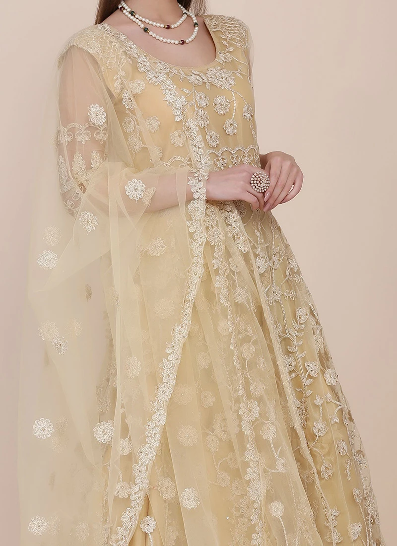 Deals Chic Lehenga Store -Deals Chic Lehenga Store beige net embroidered work anarkali suit slsacw2466 l